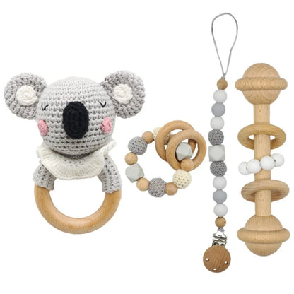 Crochet Animal Rattle Set with Wooden Ring and Coordinating Accessories, Rabbit, Deer and More Designs for Supervised Play and Baby Shower Gifts