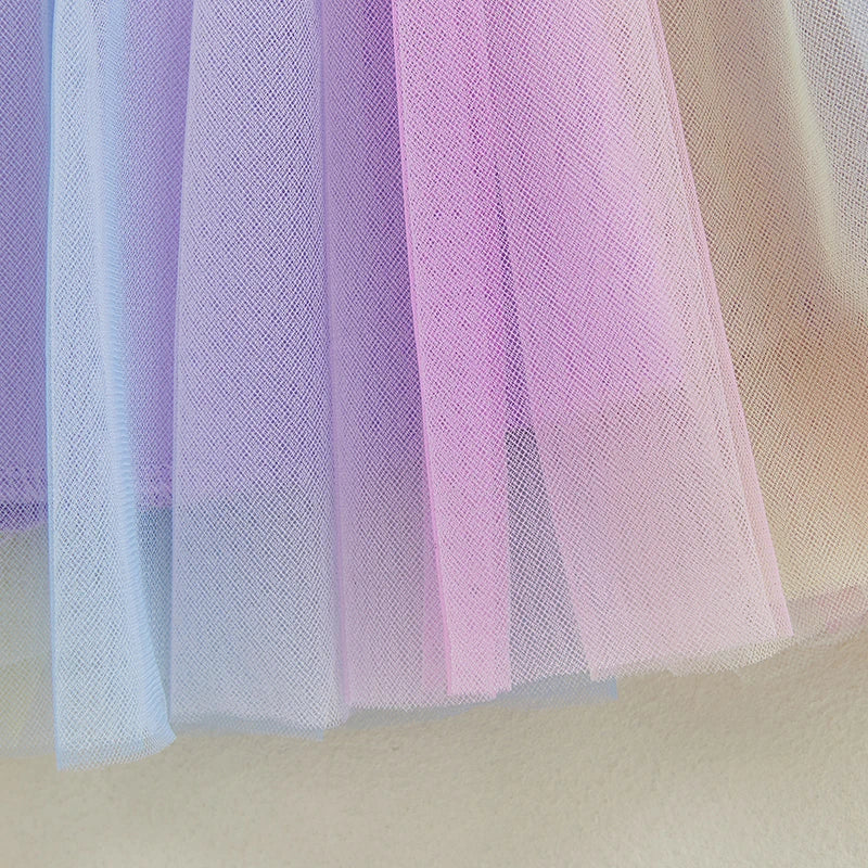 Toddler Girl Birthday Outfit with Purple Embroidered Tee and Pastel Rainbow Tulle Skirt, Two-Piece Party and Photo Set, 12 Months-6 Years