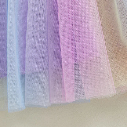 Toddler Girl Birthday Outfit with Purple Embroidered Tee and Pastel Rainbow Tulle Skirt, Two-Piece Party and Photo Set, 12 Months-6 Years