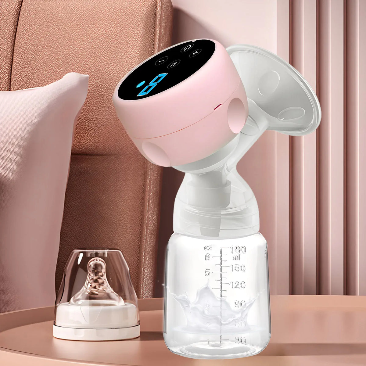 Single Electric Breast Pump in Pink with Integrated Bottle Design, Digital Control Panel, Charging Cable and Accessories for Nursing Moms