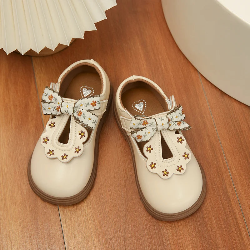 Girls Floral Bow T-Strap Shoes with Scalloped Flower Details and Round Toe, Black or Beige Dress Flats for School Outfits, Parties and Photos