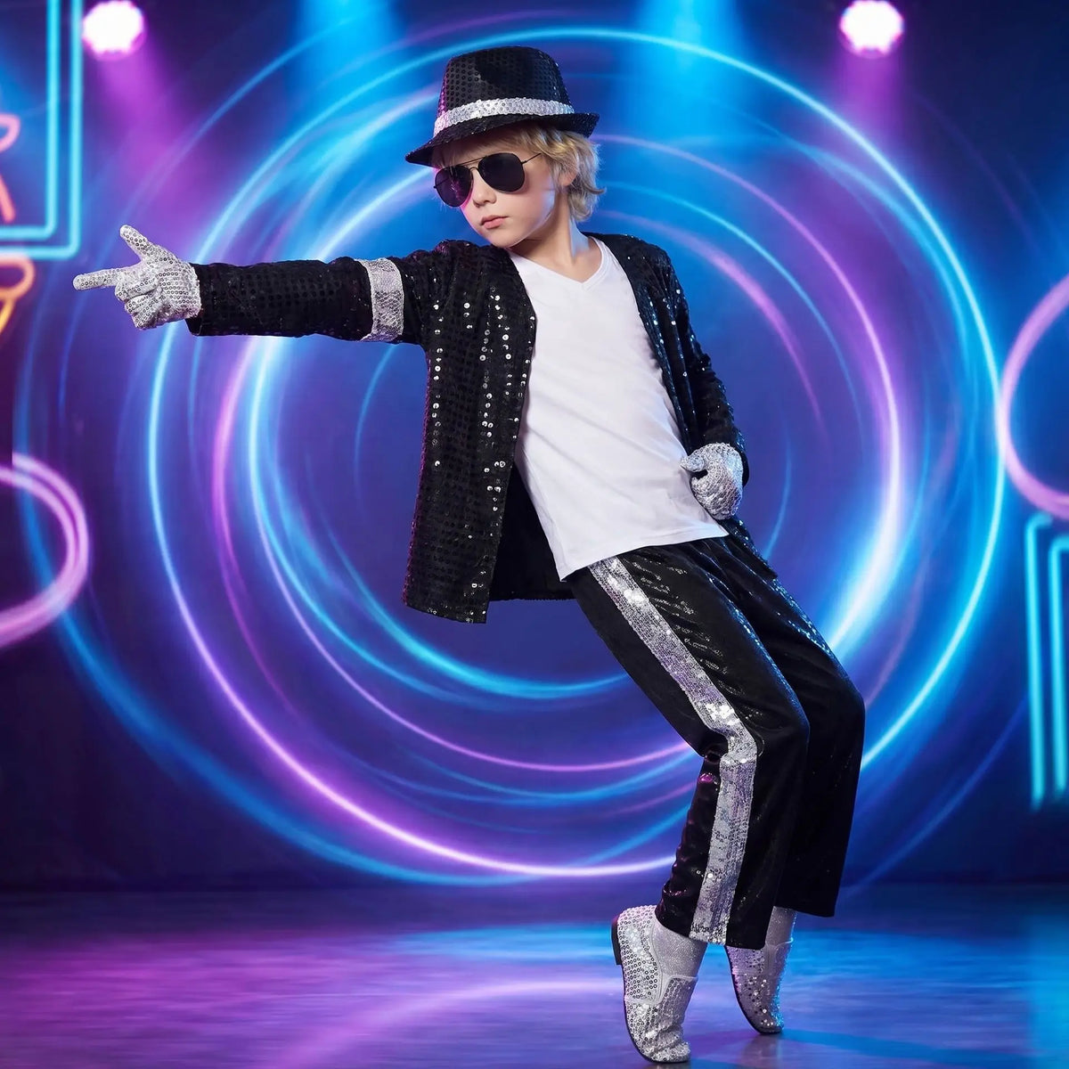 Kids Dance Star Costume Set, Metallic Shiny Retro 80s and 90s Stage Outfit for Boys and Girls, Cosplay and Party Dress-Up in Sizes M–XXXL