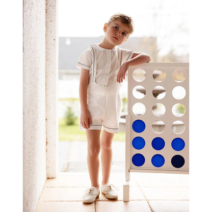 Matching Sibling Clothes with Classic Blue Trim, Shirts, Shorts, Overalls, Dresses and Cardigan Options for Baby Boys, Girls and Kids