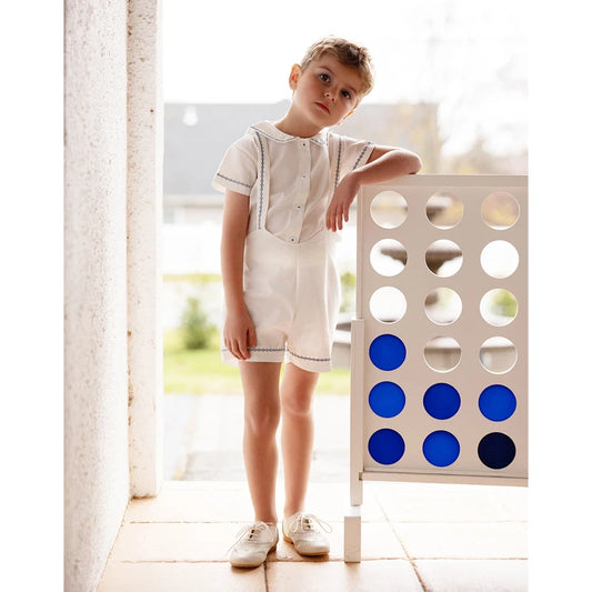Matching Sibling Clothes with Classic Blue Trim, Shirts, Shorts, Overalls, Dresses and Cardigan Options for Baby Boys, Girls and Kids