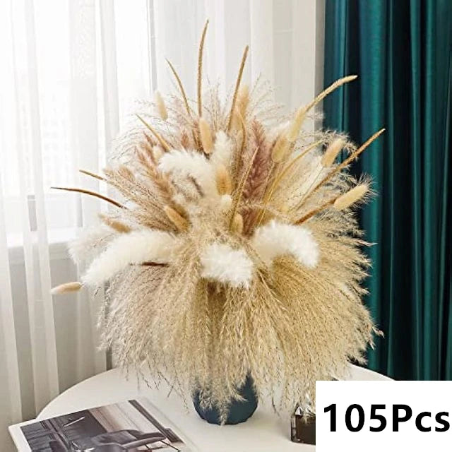 Dried Pampas Grass Bouquet, Natural Decorative Flowers and Bunny Tail Grass for Boho Vase Styling, Home Displays, Weddings and Party Decor