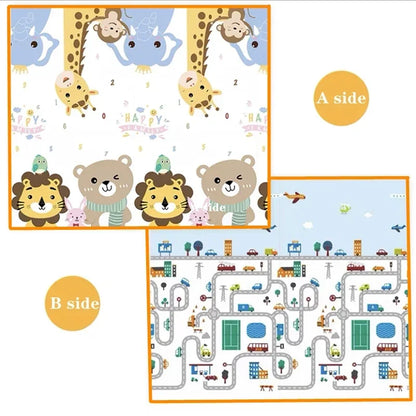 Multi-Size Baby Crawling Play Mat with Double-Sided Illustrated Patterns, Foldable XPE Floor Rug in 0.5 or 1 cm Thickness for Supervised Play