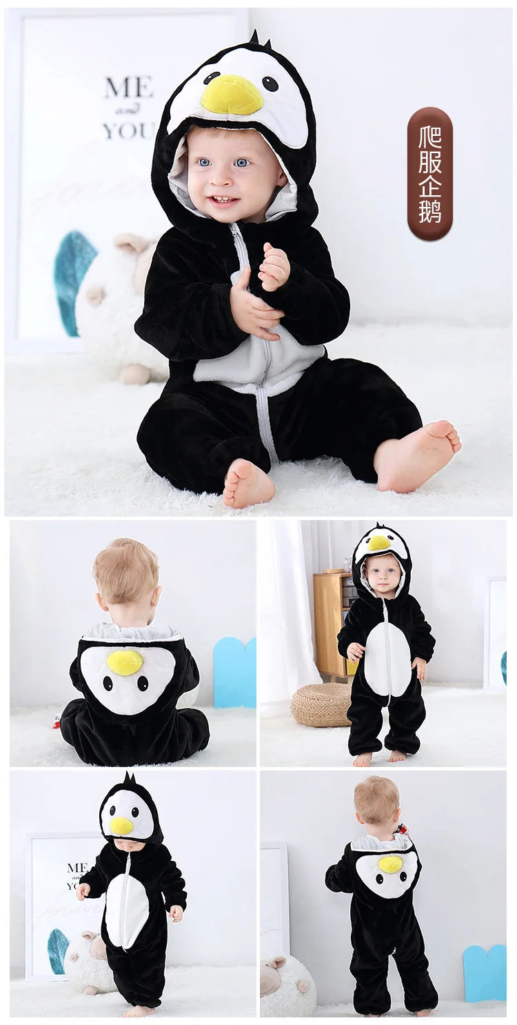 Baby Animal Hooded Costume Jumpsuit with Flannel Styling, Duck, Rabbit, Leopard and More Dress-Up Options for Boys and Girls, Sizes 70-120