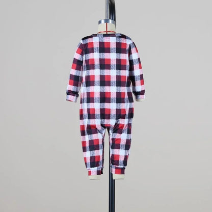 Reindeer Family Matching Pajamas with White Long Sleeve Tops and Red Black Plaid Pants, Christmas Outfits for Mom, Dad, Kids and Baby Size Options