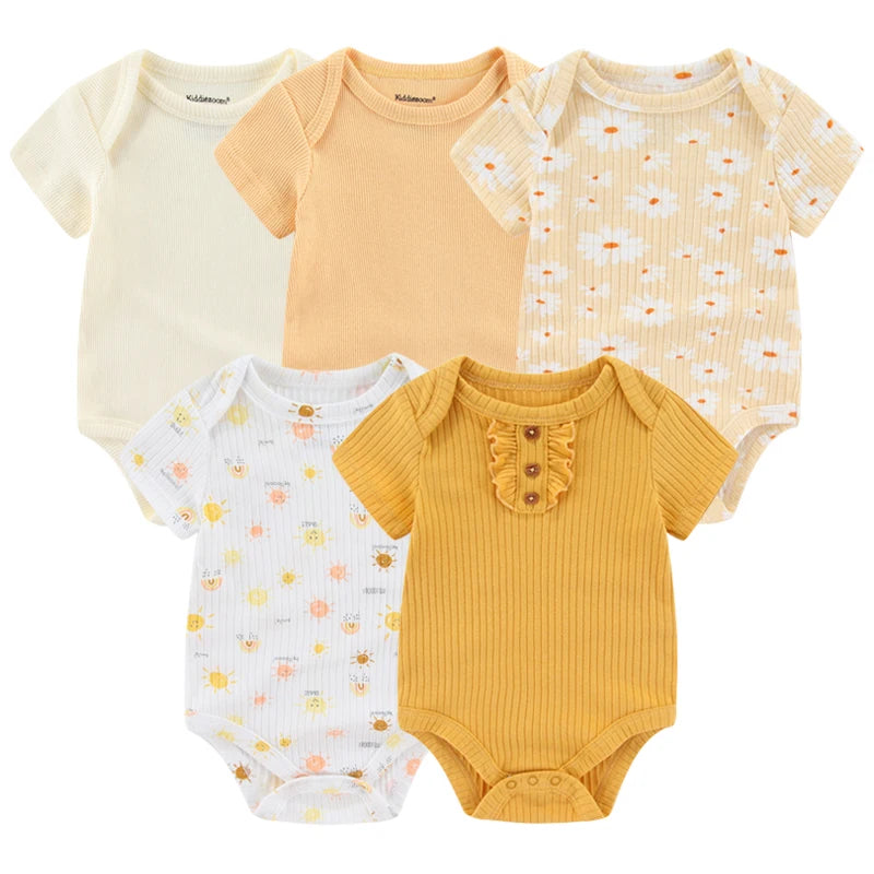 Baby Bodysuit Multipack with Cartoon Prints, Kiddiezoom 5 Short Sleeve One-Piece Outfits with Snap Closures for Boys and Girls, 3M-12M