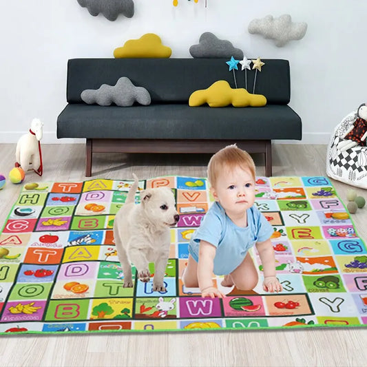 ABC Baby Crawling Mat 180 x 120 cm with Double-Sided Alphabet and Farm Prints, Foldable Foam Floor Play Rug with Handled Storage Bag