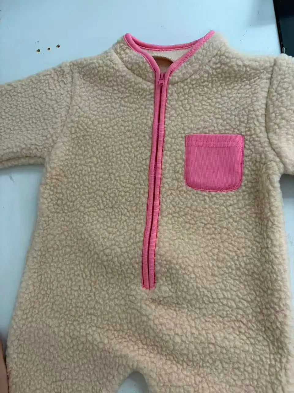 Zip Front Baby Fleece Romper by MILANCEL with Contrast Chest Pocket, Long Sleeve Footless One-Piece Outerwear in Brown, Beige and Green, 3-24M