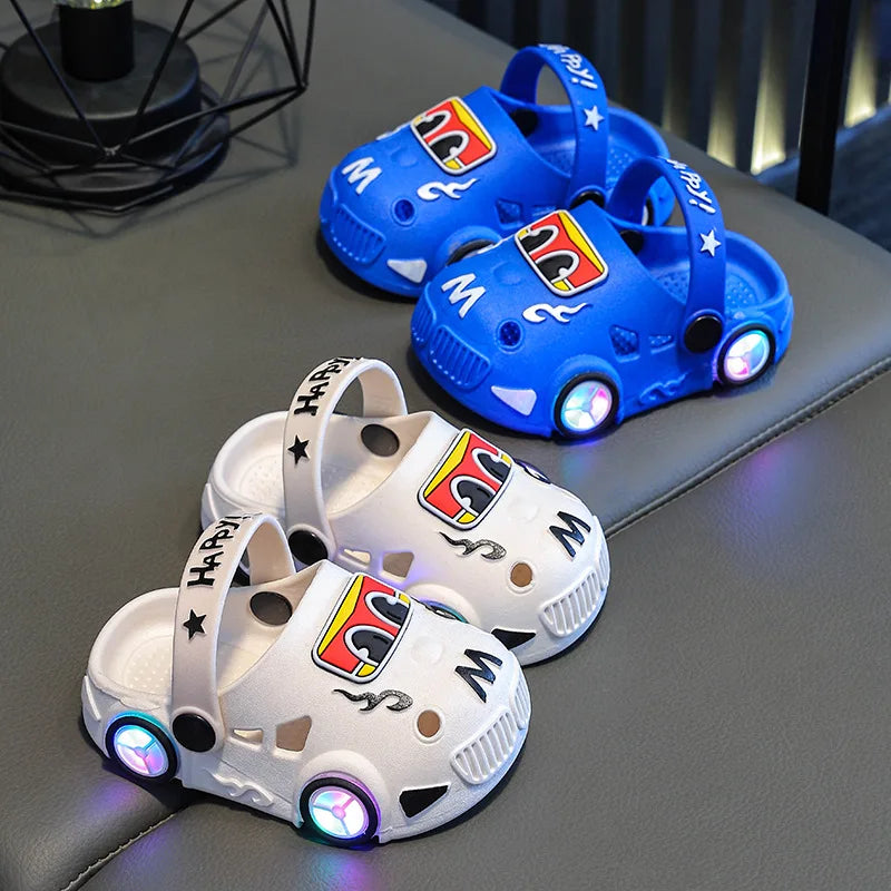 Kids Light-Up Car Clogs with Glowing Wheel Details, Ventilated Closed-Toe Design and Pivoting Heel Strap for Playful Summer Casual Outfits