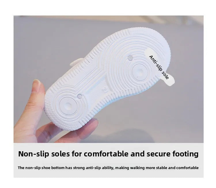 Kids White Low-Top Sneakers with Adjustable Strap, Perforated Toe and Silver Heel Detail for Boys and Girls Spring and Fall Casual Outfits