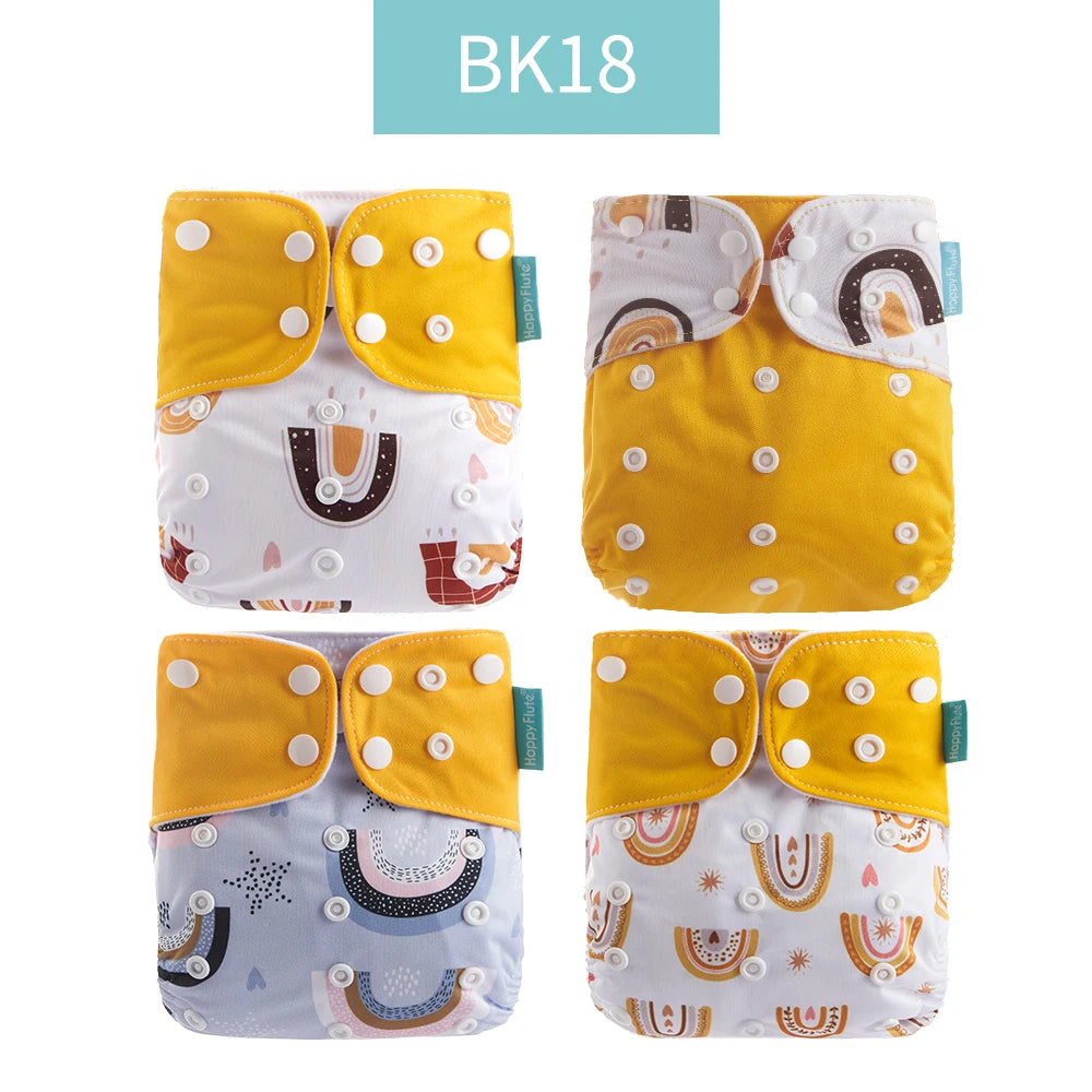 Reusable Cloth Diapers, Happyflute 4-Pack One-Size Pocket Baby Nappies with Adjustable Snap Closures, Washable Covers, Inserts Sold Separately