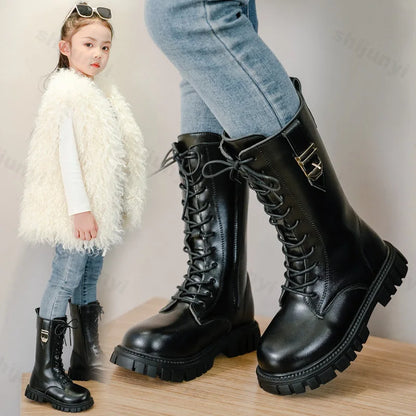 Girls Buckle Detail Tall Boots with Lace-Up Front and Side Zippers, Chunky Lug-Style Soles and Round Toes for Casual Fall Outfits