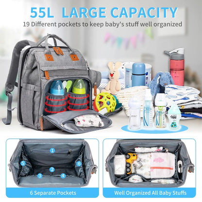 19-Pocket Diaper Backpack with Detachable Changing Station and USB Port, Baby Essentials Organizer with Pacifier Case for Moms and Dads