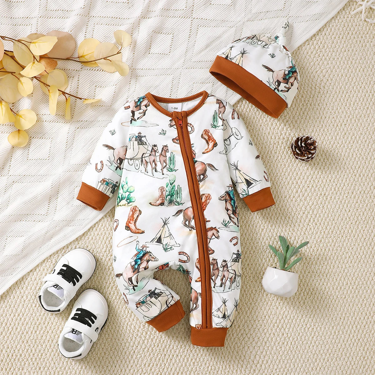 Bear Print Infant Romper with Long Sleeves and Front Fastenings, Contrast Trim and Footless Cuffs for Everyday Baby Outfits, Sizes 1-18 Months