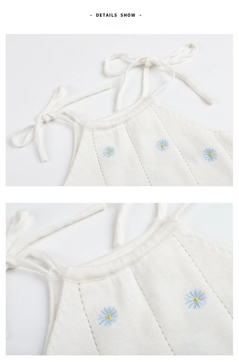 Sleeveless Baby Girl Bodysuit with Floral Cotton Knit and Tie Shoulders, White Openwork Summer One-Piece Outfit for Family Photos, 0-24M