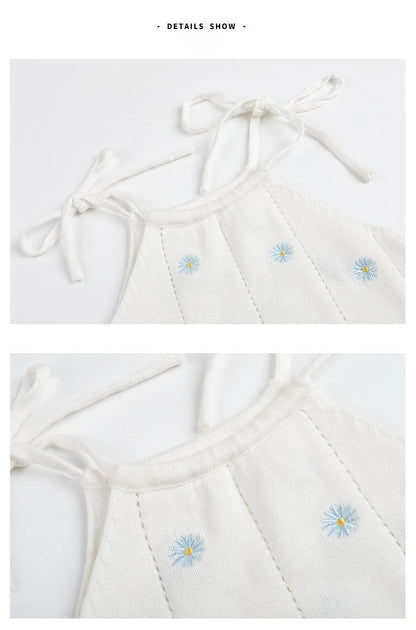 Sleeveless Baby Girl Bodysuit with Floral Cotton Knit and Tie Shoulders, White Openwork Summer One-Piece Outfit for Family Photos, 0-24M