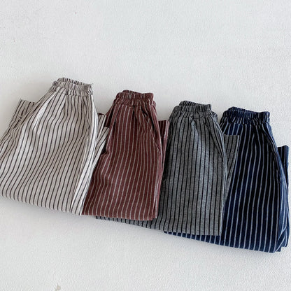 Cotton Toddler Striped Pants with Pull-On Elastic Waist, Relaxed Long Trousers for Boys and Girls in Six Colors, Sizes 12-24M to 5-6Y