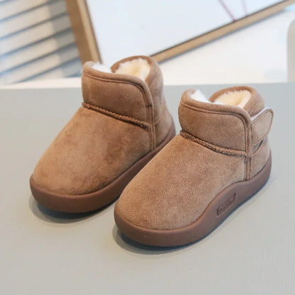Toddler Plush-Lined Short Boots with Rounded Toe and Cuff Detail, Brown, Black, Pink or Beige Winter Shoes for Boys and Girls, CN15-24