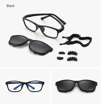 Kids Clip-On Sunglasses by Ralferty, 2-in-1 Children's Eyeglass Frame with Polarized Sun Clip for Everyday Outings and Family Travel