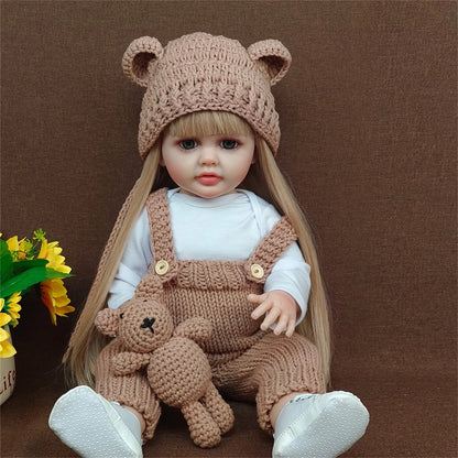 Long Hair Reborn Girl Doll with Fixed Acrylic Eyes, 20 Inch Toddler-Style Doll with Movable Limbs, Clothes, Magnetic Pacifier and Bottle