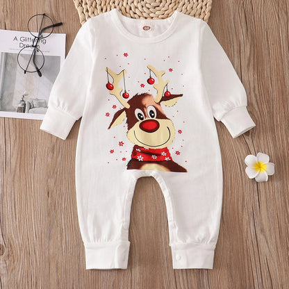 Red-Nose Reindeer Family Christmas Pajamas with White Long Sleeve Tops and Red Black Plaid Pants, Matching Mom Dad Kids Sets and Baby Jumpsuit Options