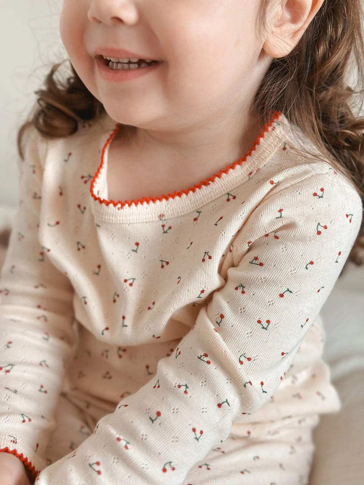 Cherry Print Girls Cotton Pajama Set, Cream Long Sleeve Top and Matching Pants with Red Picot Trim, Two-Piece Toddler Homewear, 1-6T