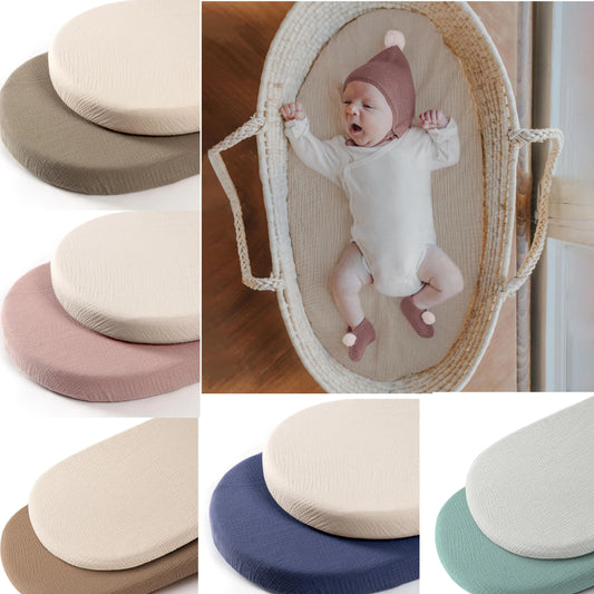 Cotton Bassinet Mattress Covers 2-Pack, Removable Washable Cradle Fitted Sheets with Textured Fabric for Compatible Nursery Mattresses