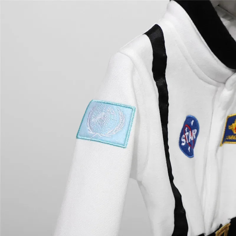 Toddler Astronaut Costume with Long Sleeves, Embroidered Space Details and White Bodysuit Styling for Baby Halloween Photos and Costume Parties