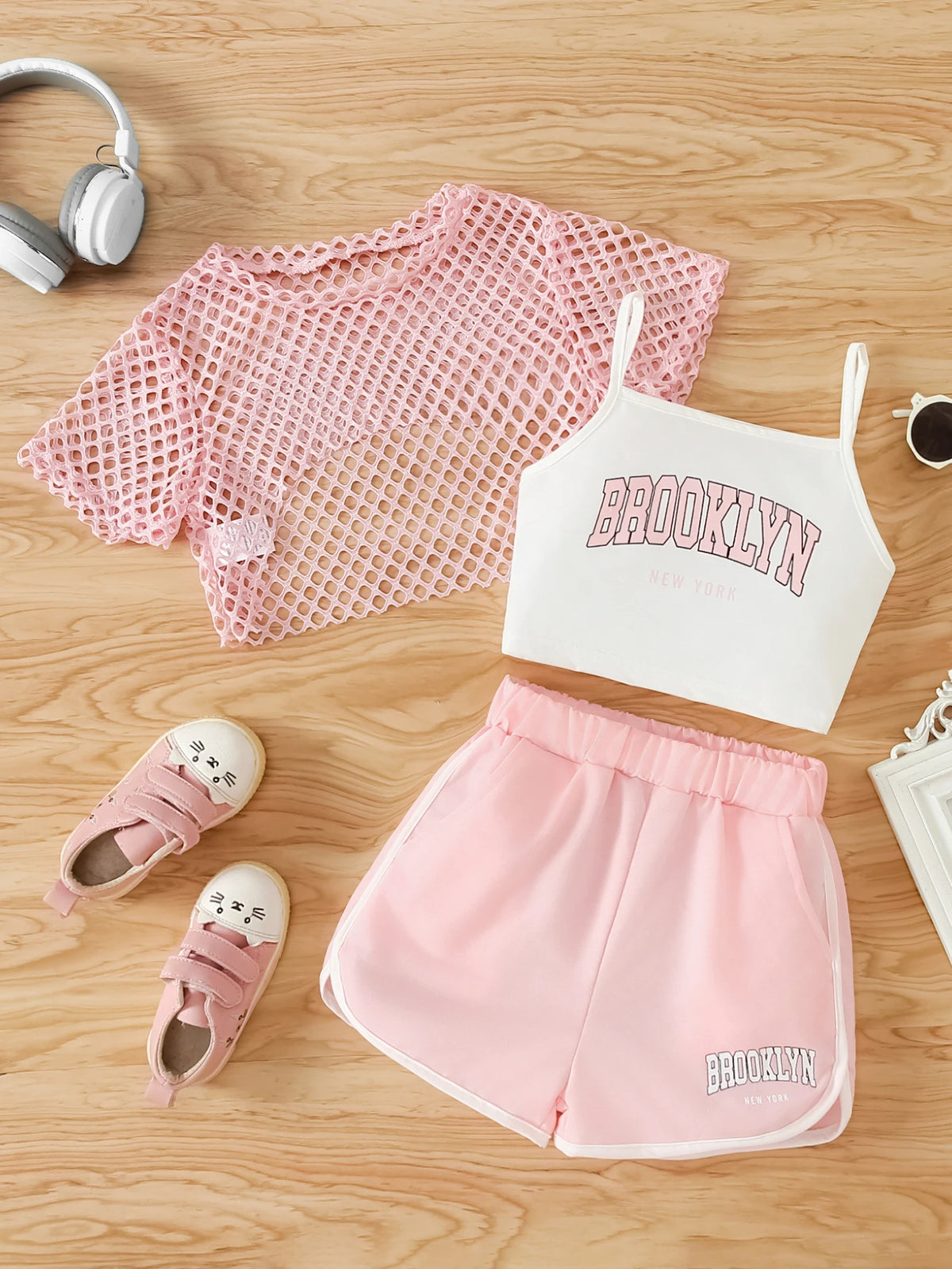 Girls Mesh Top and Shorts Outfit with Brooklyn Print Cami, Three-Piece Summer Set with Short Sleeves and Elastic Waist for Ages 8-12
