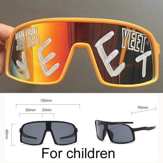 YEET Graphic Sunglasses with Jey Uso Main Event Lettering, Colorful Shield-Style Fan Shades in Children's and Adult Options for Party Outfits