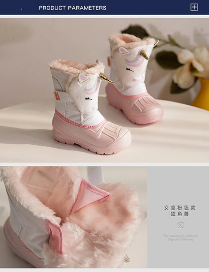 Kids Unicorn Winter Boots with Plush Trim, Gold-Tone Horn and Ear Details, Pink and White Fantasy-Themed Cold-Weather Footwear for Girls