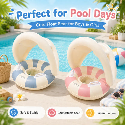 Inflatable Baby Pool Float Seat with Detachable Canopy and Easy-Grip Handles, Retro Striped Swim Ring for Supervised Summer Water Play