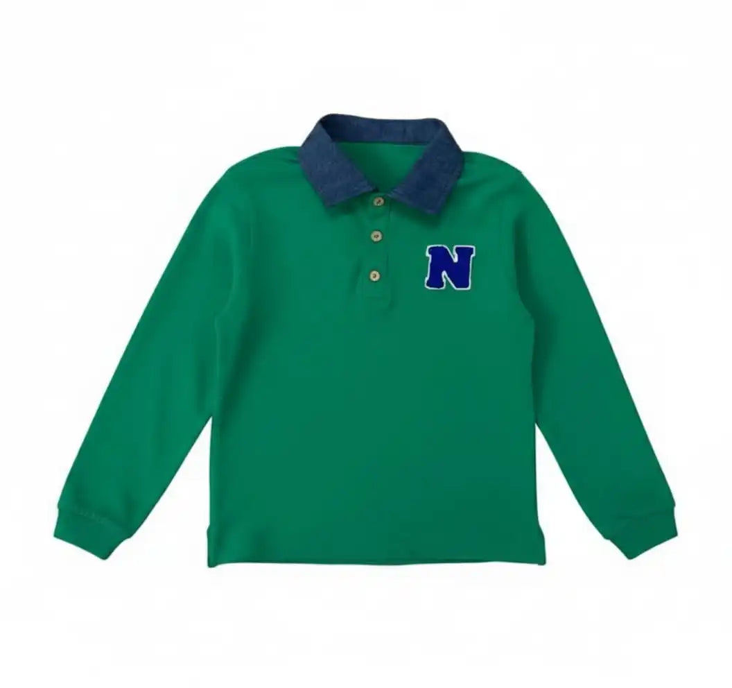 Green Polo Kids Outfits with Navy Letter Patch, Coordinating Girls Dresses, Boys Shirts and Shorts and Baby Girl Set Styles for Family Photos
