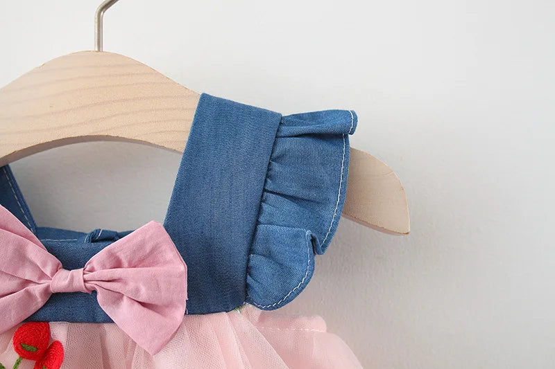 Baby Girl Cherry Dress, Pink or White Layered Skirt with Blue Ruffle Shoulder Straps and Front Bow for Summer Parties and Birthday Photos