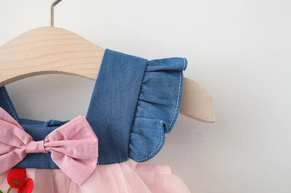 Baby Girl Cherry Dress, Pink or White Layered Skirt with Blue Ruffle Shoulder Straps and Front Bow for Summer Parties and Birthday Photos