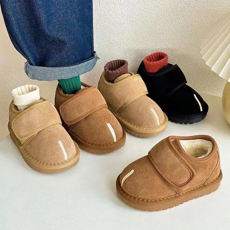 Hook-and-Loop Toddler Winter Ankle Boots with Faux Suede Upper and Plush Lining, Brown Apricot or Black Short Shoes for Boys and Girls in Sizes 21–30