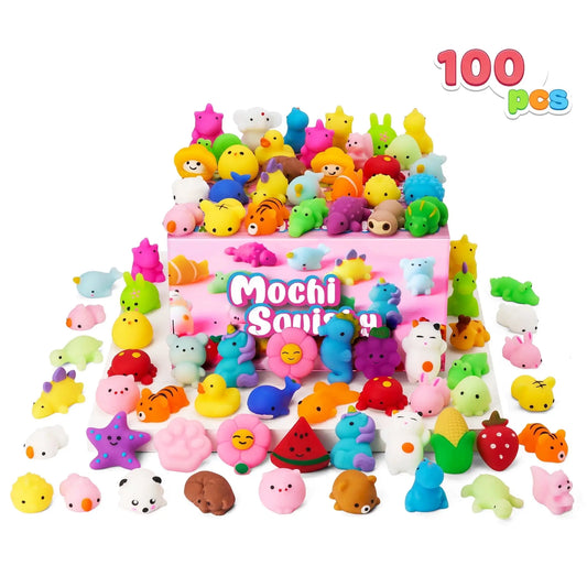 Bulk Mochi Squishy Toys, Joyfy 100-Piece Mini Animal and Fruit Fidget Set for Birthday Party Favors, Classroom Prizes and Goodie Bag Fillers