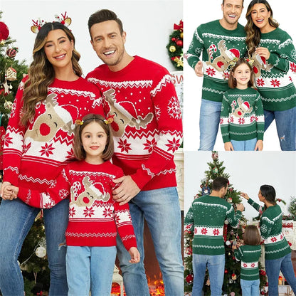 Reindeer Family Christmas Sweaters in Red or Green, Matching Mom Dad and Kids Long Sleeve Crewneck Pullovers for Holiday Photos and Parties