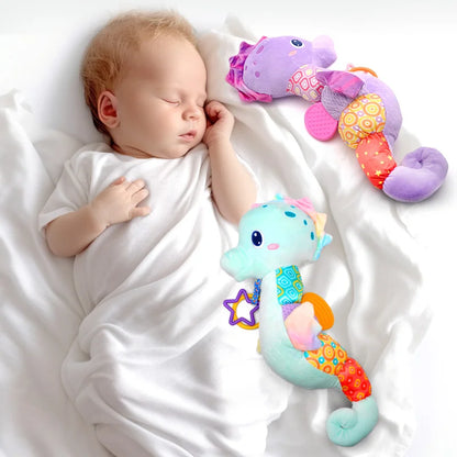 Plush Seahorse Baby Rattle with Crinkle Sounds, Colorful Patterned Panels and Soft Animal Design for Supervised Sensory Play and Baby Shower Gifts