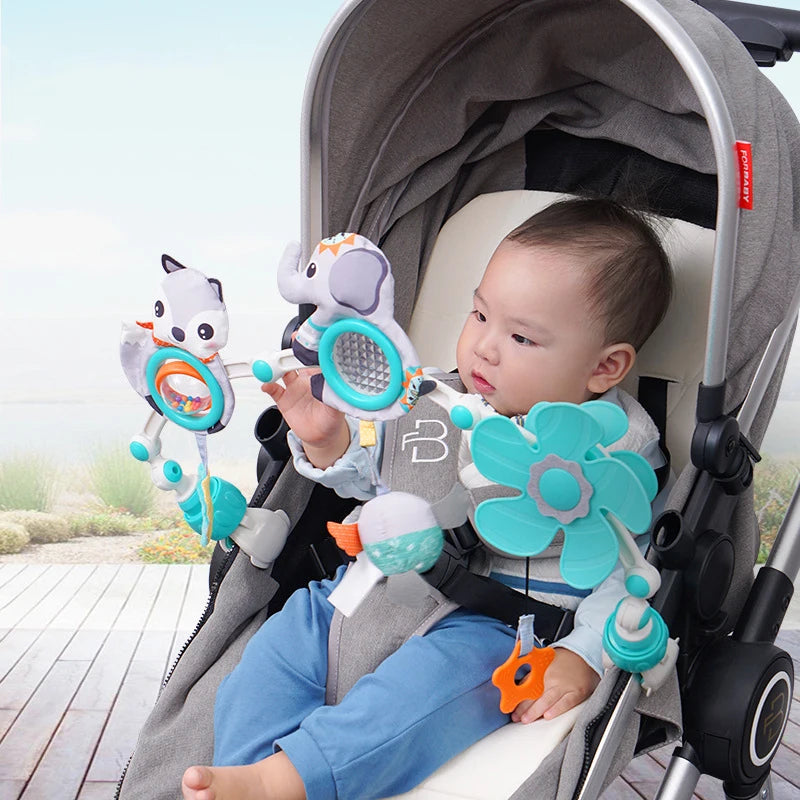 Musical Baby Toy Arch with Animal Rattle, Mirror and Spinning Windmill, Foldable Clip-On Sensory Activity Bar for Compatible Strollers