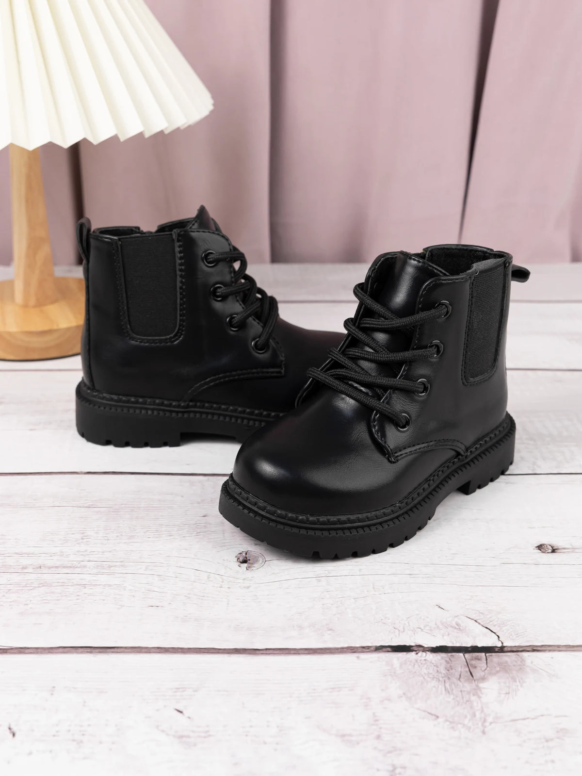 Kids PU Leather Combat Ankle Boots with Lace-Up Front, Side Zipper and Black Chunky Soles, Boys and Girls Fall Winter Shoes in Sizes 21-30