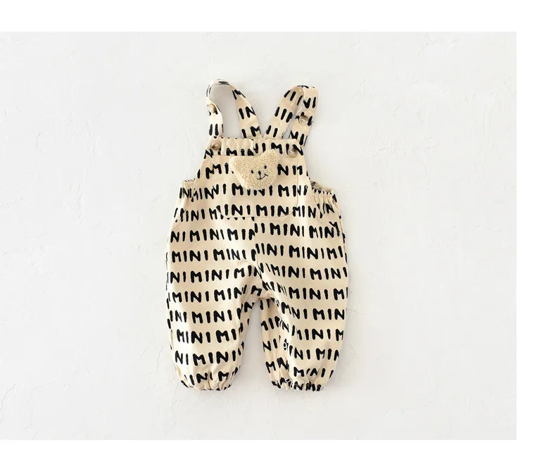 Baby Bear Patch Overalls with Red Stripe or Beige MINI Print, Button Shoulder Straps and Snap Legs, Loose-Fit Infant Jumpsuit for Boys and Girls