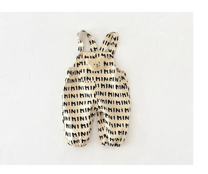Baby Bear Patch Overalls with Red Stripe or Beige MINI Print, Button Shoulder Straps and Snap Legs, Loose-Fit Infant Jumpsuit for Boys and Girls