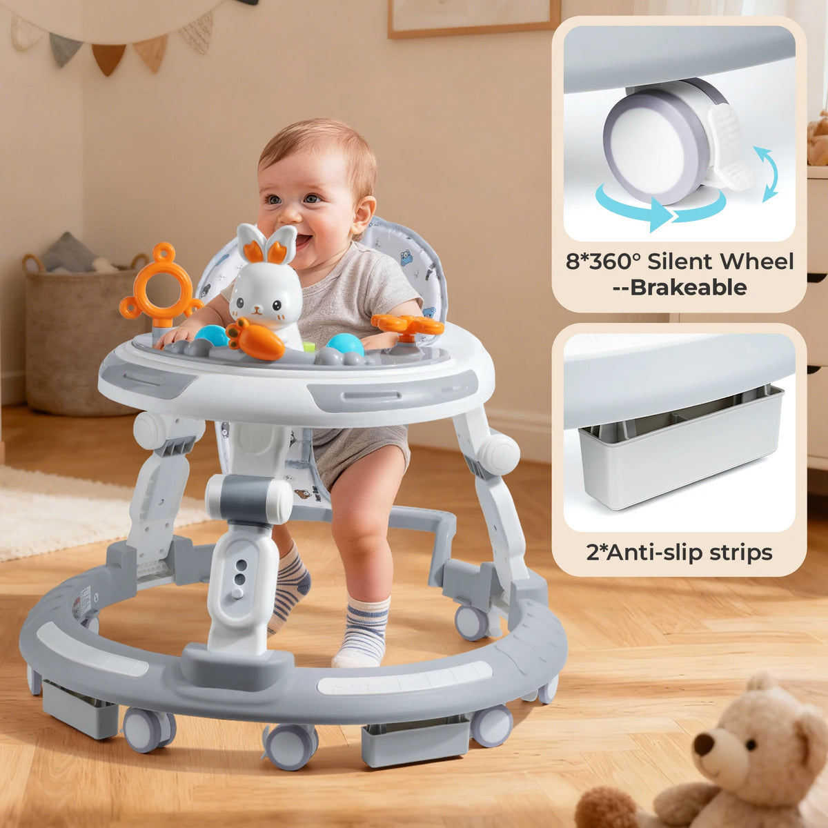 Baby Walker Activity Center in White, 4-in-1 Play Design with 3 Frame Height Settings, 5 Seat Adjustments and Wheeled Base for Indoor Use