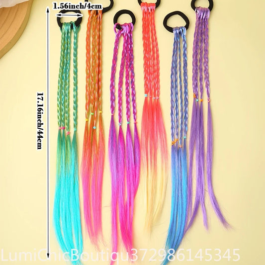 Braided Ponytail Hair Ties for Girls, 6-Piece Colorful Ombre Braid Extension Set with Elastic Loops for Dress-Up, Parties and Everyday Styling