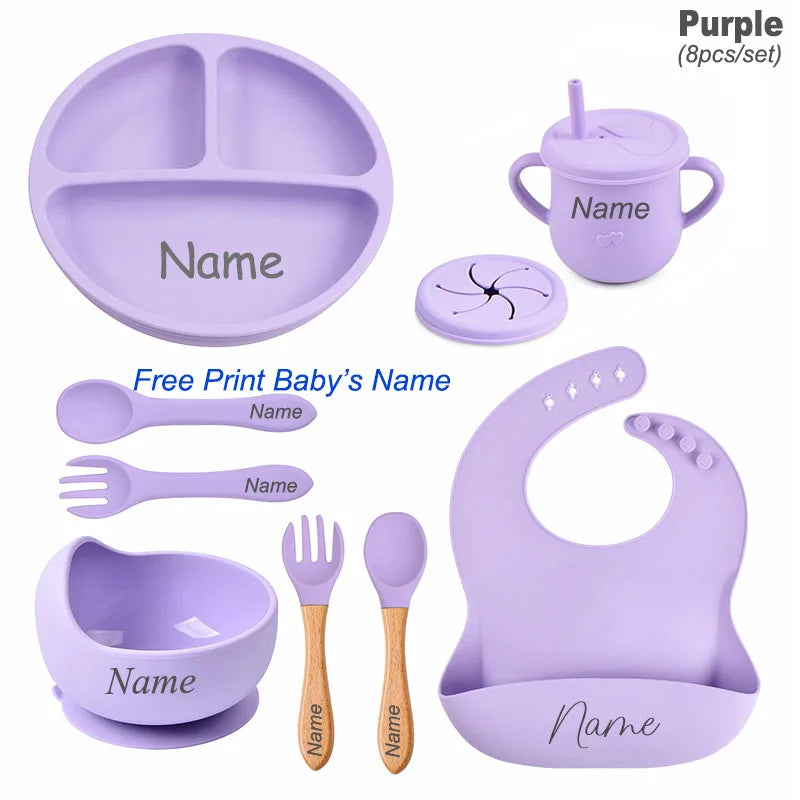 Personalized Silicone Baby Tableware Set, 8-Piece Collection with Divided Plate, Suction Bowl, Pocket Bib, Straw Cup and Two Utensil Pairs