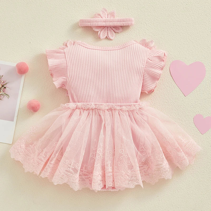 Flower Applique Baby Girl Romper Dress with Headband, Lace Mesh Skirt and Waist Bow, Cotton Blend Summer Occasion Outfit for 0-18 Months